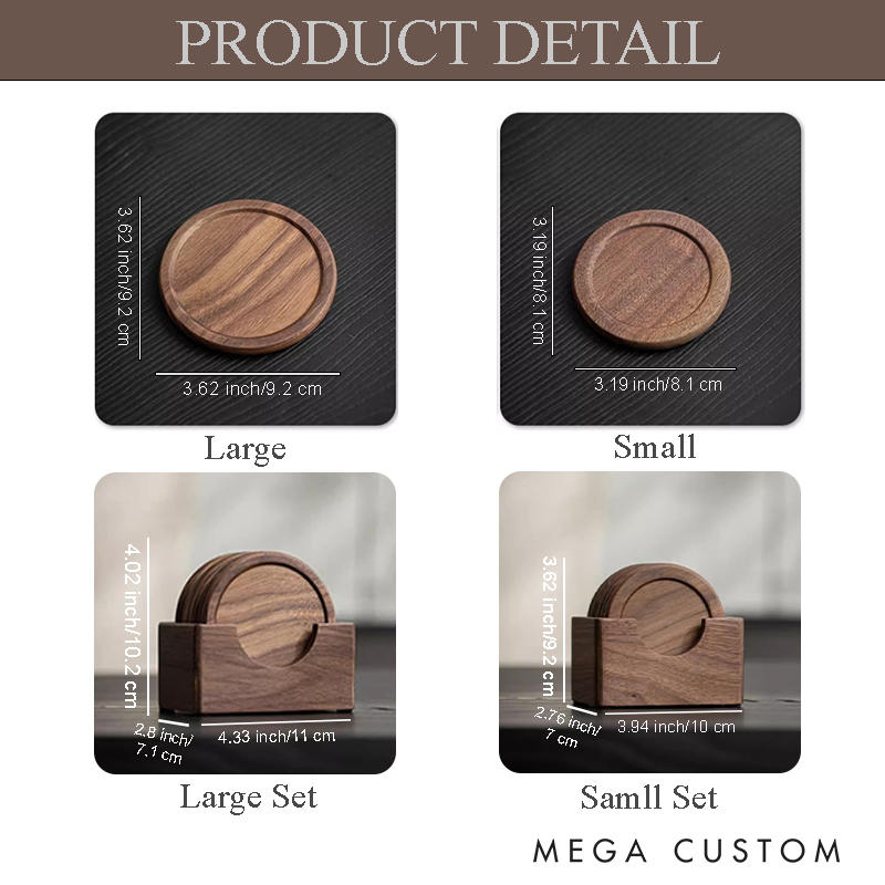 Personalized Engraved Rings and Leaves Wedding Couple Walnut Wood Coaster Set