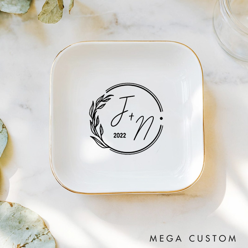 Personalized Modern Circular Initials Wedding Monogram with Botanical Accent Wedding Engagement Gold-Trimmed Ring Dishes