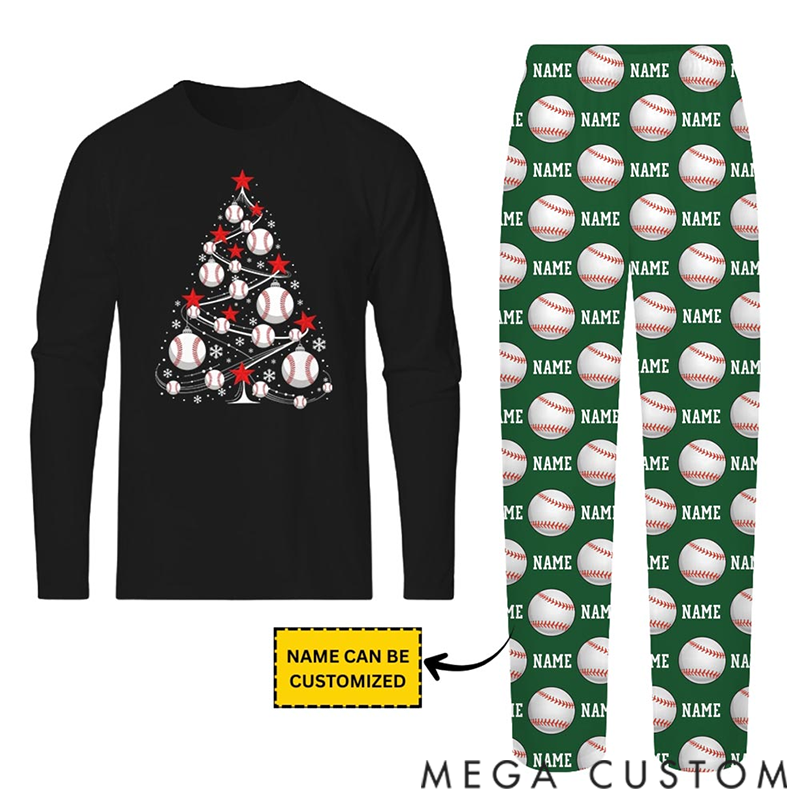 Personalized Christmas Pajamas Set Baseball Christmas Tree Matching Family Pajamas With Name for Family 