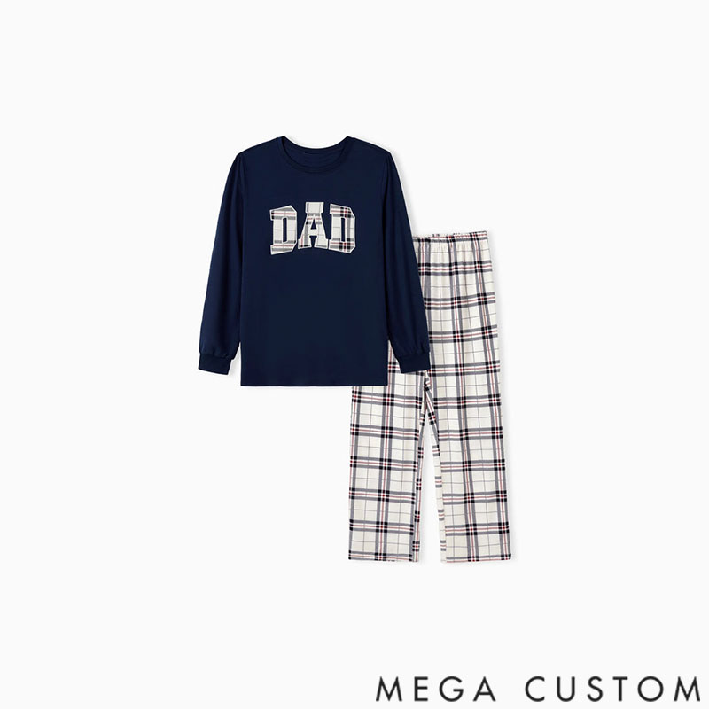 Personalized Custom Name Family Matching School Grid Letter Print Patch Long Sleeve Pajamas Sets for Family