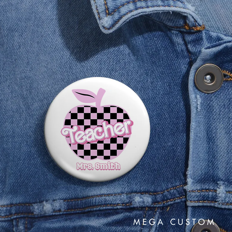 Personalized Teacher Button Pin Checkered Apple Fun Badge Gift Teacher Appreciation Gift