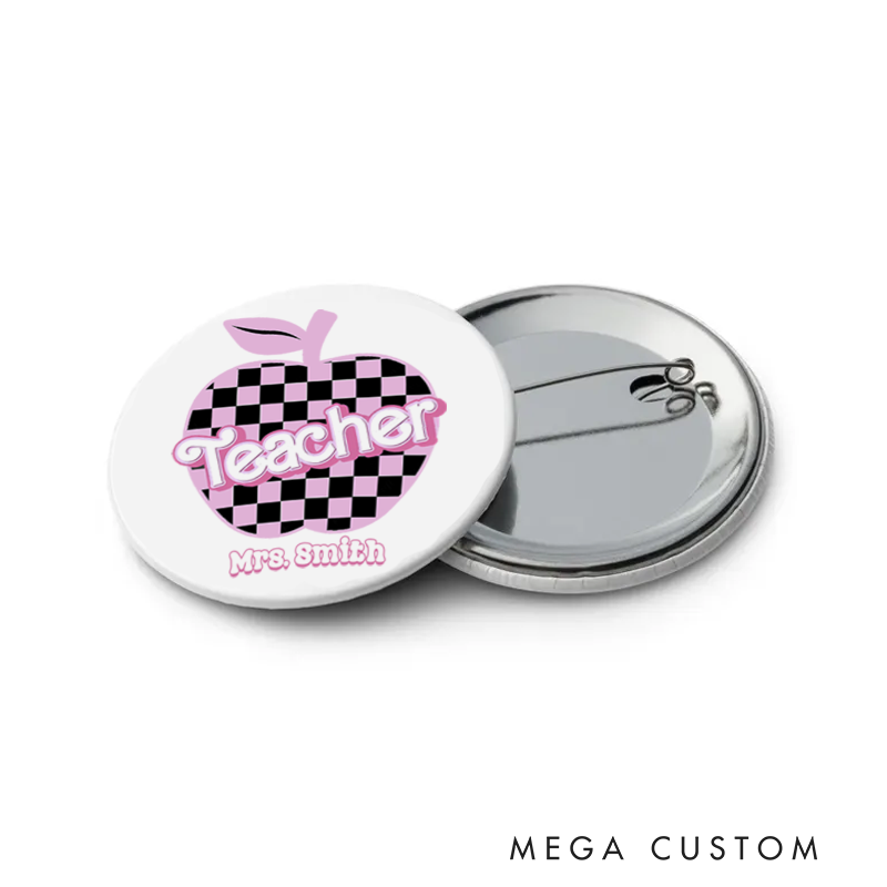 Personalized Teacher Button Pin Checkered Apple Fun Badge Gift Teacher Appreciation Gift