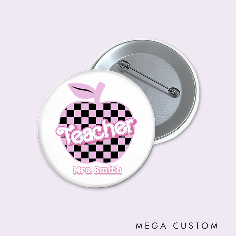 Personalized Teacher Button Pin Checkered Apple Fun Badge Gift Teacher Appreciation Gift