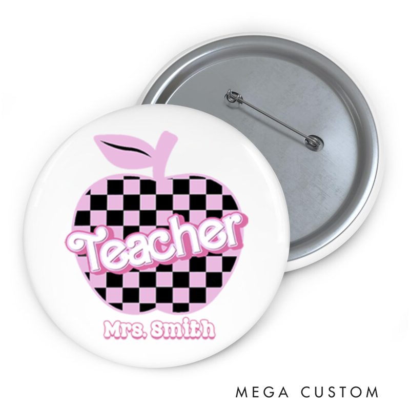 Personalized Teacher Button Pin Checkered Apple Fun Badge Gift Teacher Appreciation Gift