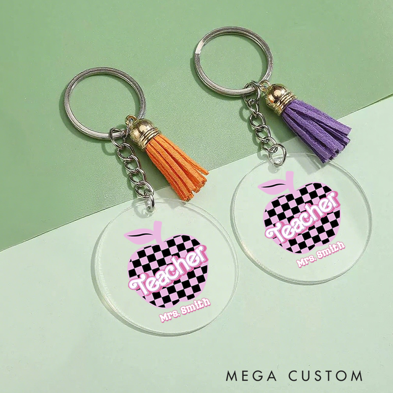 Personalized Acrylic Tassel Keychain for Teachers Customized Checkered Apple Design Keychain Teacher Appreciation Gift 