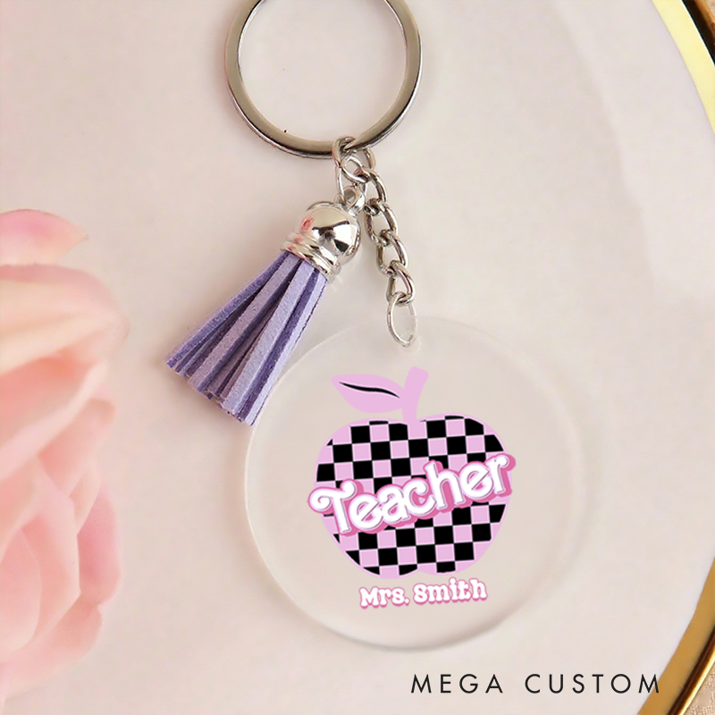 Personalized Acrylic Tassel Keychain for Teachers Customized Checkered Apple Design Keychain Teacher Appreciation Gift 