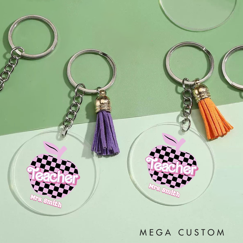 Personalized Acrylic Tassel Keychain for Teachers Customized Checkered Apple Design Keychain Teacher Appreciation Gift 