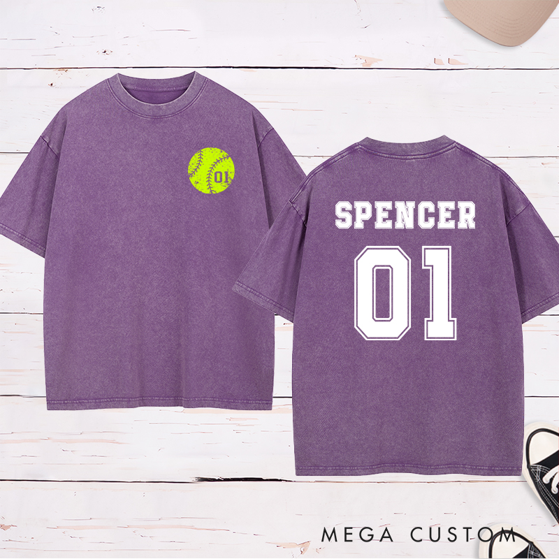 Personalized Softball Washed T-Shirt Design Featuring Custom Player Name Jersey Number and Bold Softball Graphic