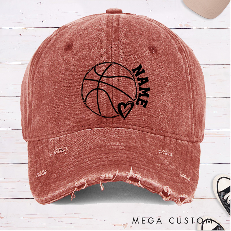 Personalized Distressed Denim Basketball Cap with Custom Name Heart and Basketball Graphic Design