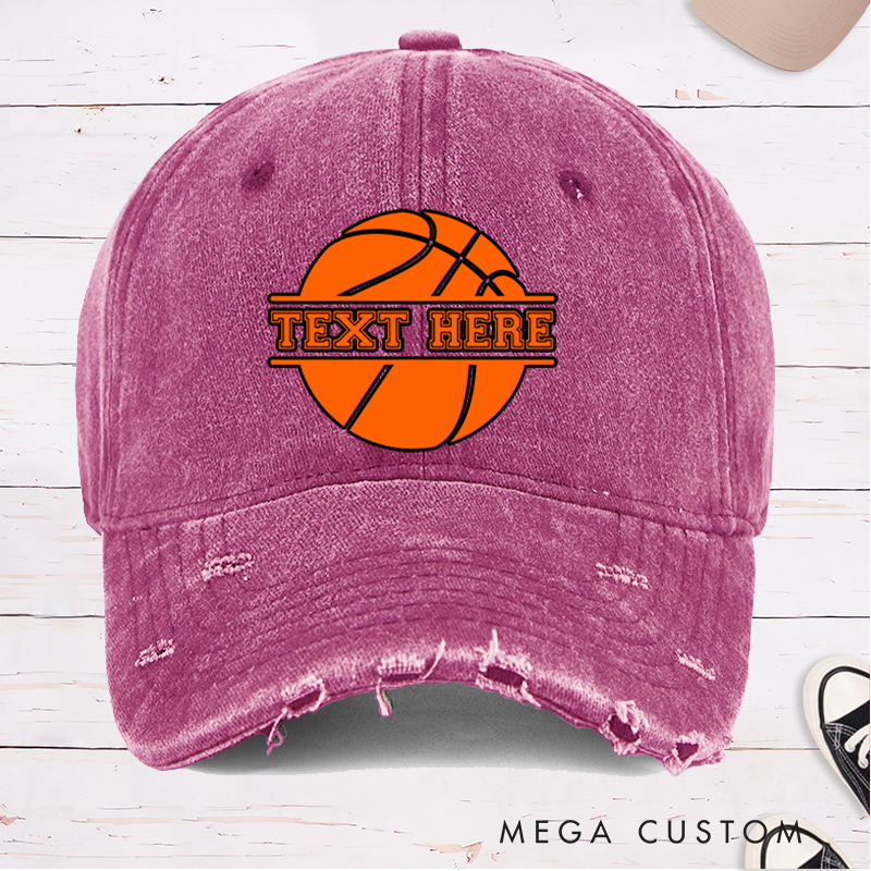 Personalized Distressed Basketball Cap with Custom Text and Bold Basketball Graphic Design