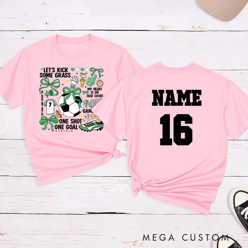 Personalized Soccer T-Shirt with Fun "Let's Kick Some Grass" Design and Custom Name and Number