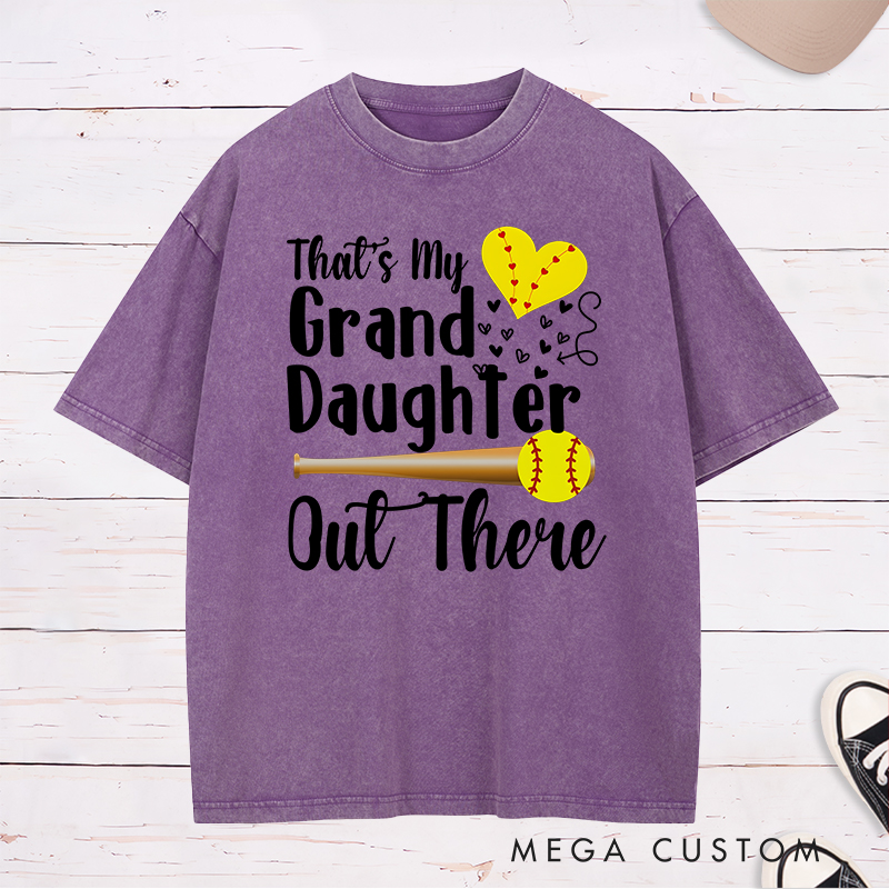 Personalized Softball Support Washed T-Shirt Design Featuring Customizable Text for Granddaughter or Other Titles Bold Typography Heart-Shaped Stitching Graphic Softball Bat and Ball Elements