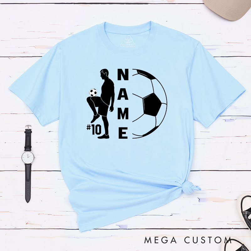 Personalized Soccer T-Shirt with Player Silhouette and Custom Name and Number Design