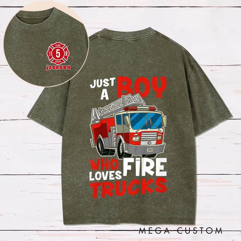Personalized Firefighter Washed T-Shirt Fire Truck Design Just a Boy Who Loves Fire Trucks Gift for Firefighter Kids