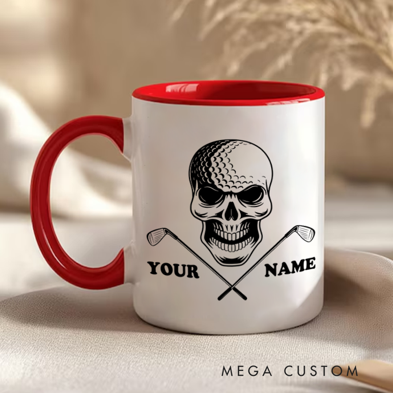 Personalized Skull Golf Mug with Custom Name and Crossed Clubs Design Perfect Gift for Golf Enthusiasts