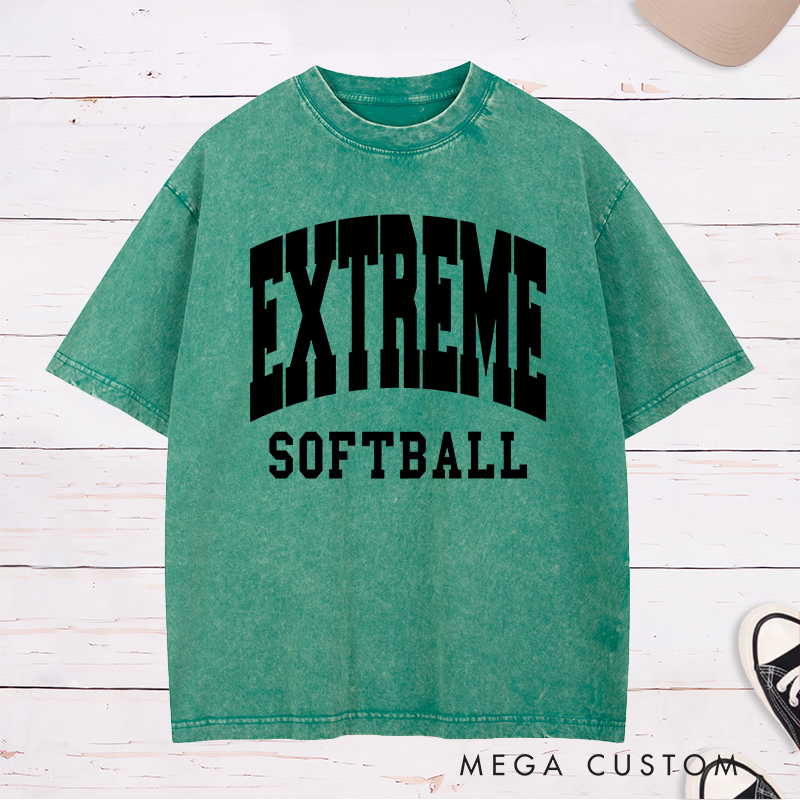 Personalized Customizable Team Softball Washed T-Shirt Design Featuring Bold Team Name Text and Black Softball Lettering for a Sporty and Unique Look