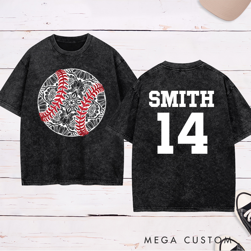 Personalized Mandala Baseball Washed T-Shirt with Custom Name and Number