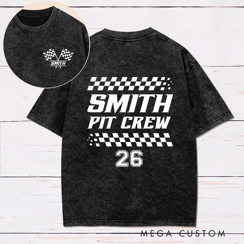 Personalized Racing Pit Crew Washed T‑Shirt Custom Name and Number Retro Vintage Racing Tee Car Lover Gift Matching Team Shirt