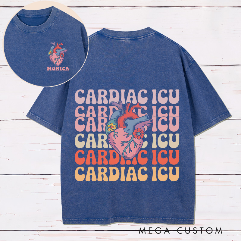 Personalized Two Sides Printed Washed T-Shirt Customized Cardiac ICU Vibrant Heart Design Washed T-Shirt 