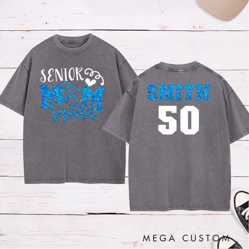 Personalized American Football and Rugby Glitter Senior Washed Mom T-Shirts with Custom Name and Number