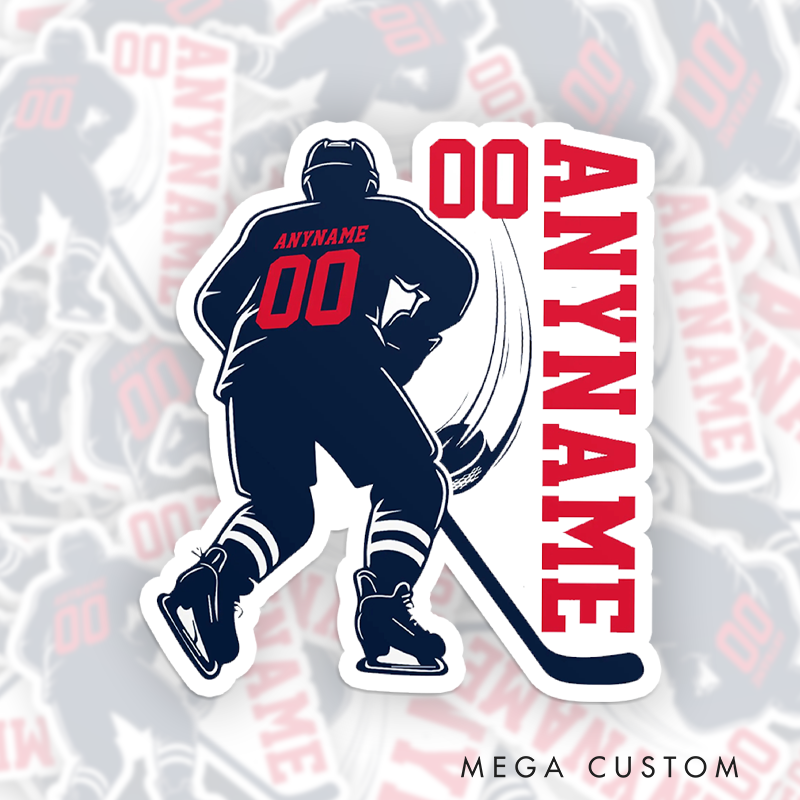 Personalized Ice Hockey Sticker Featuring Action Pose and  Custom Name and Number