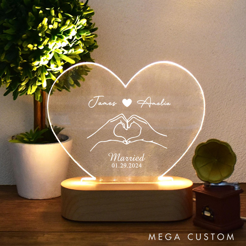 Personalized Heart Hand Gesture Married Couple Heart Shape Night Light