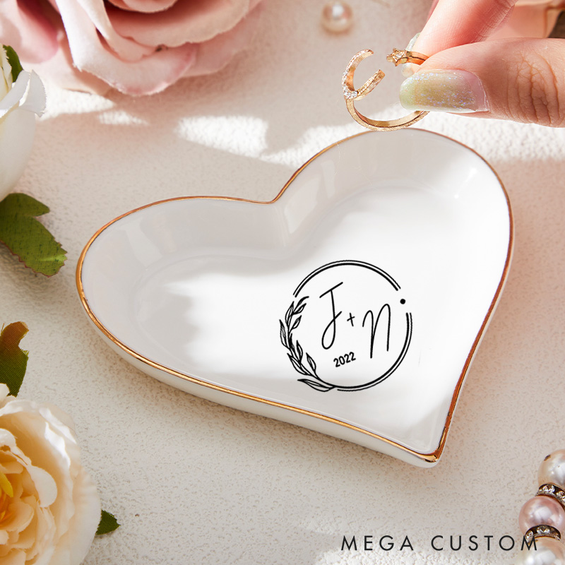 Personalized Modern Circular Initials Wedding Monogram with Botanical Accent Wedding Engagement Gold-Trimmed Ring Dishes