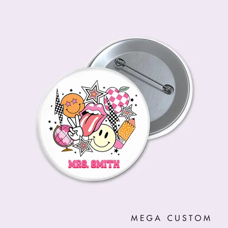 Personalized Teacher Button Pin Happy Teacher Fun Badge Gift Teacher Appreciation Gift