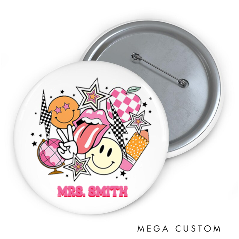 Personalized Teacher Button Pin Happy Teacher Fun Badge Gift Teacher Appreciation Gift