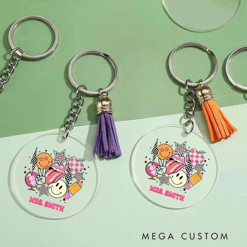 Personalized Acrylic Tassel Keychain for Teachers Customized Happy Teacher Design Keychain Teacher Appreciation Gift 