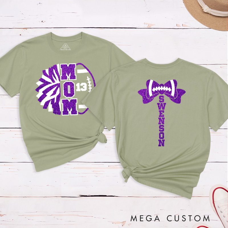 Personalized Glitter American Football and Rugby Cheer Mom T-Shirt with Custom Name on the Back and Number on the Front