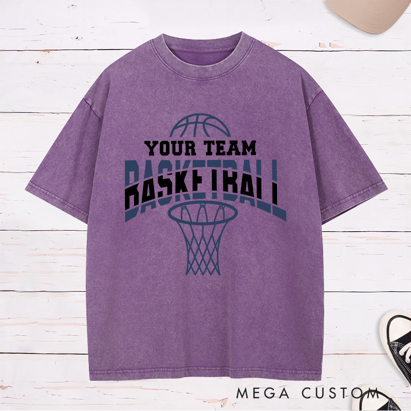 Personalized Washed T-Shirt Design Featuring Dynamic Basketball Graphics with Customizable Team Name