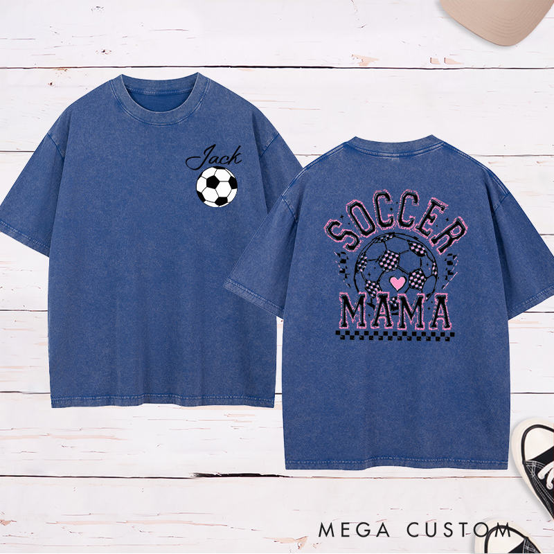 Personalized Soccer Mama Washed T-Shirt with Vibrant Pink Details and Custom Name and Number 