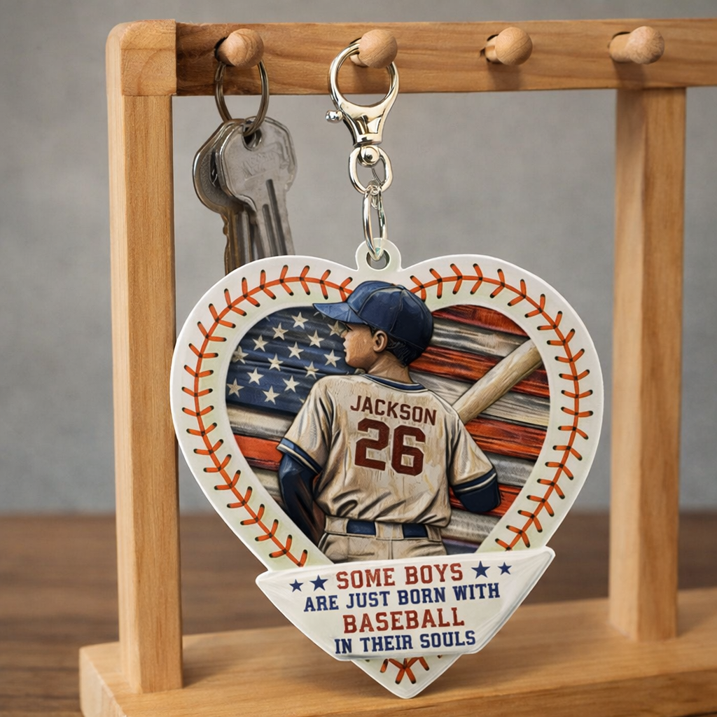 Personalized Baseball Heart Keychain Custom Name and Number for True Fans