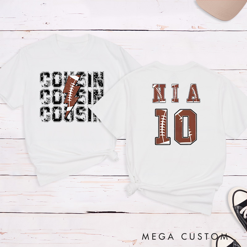 Personalized American Football and Rugby Cousin T-Shirts with Custom Name and Number