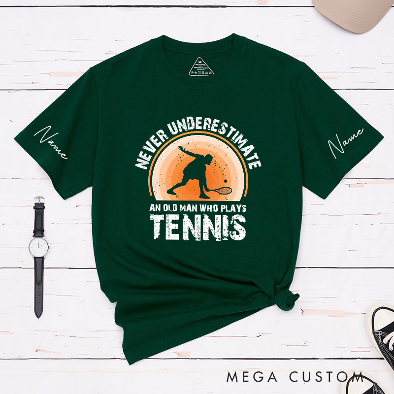 Personalized Tennis T-Shirt with "Never Underestimate" Graphic and Custom Name