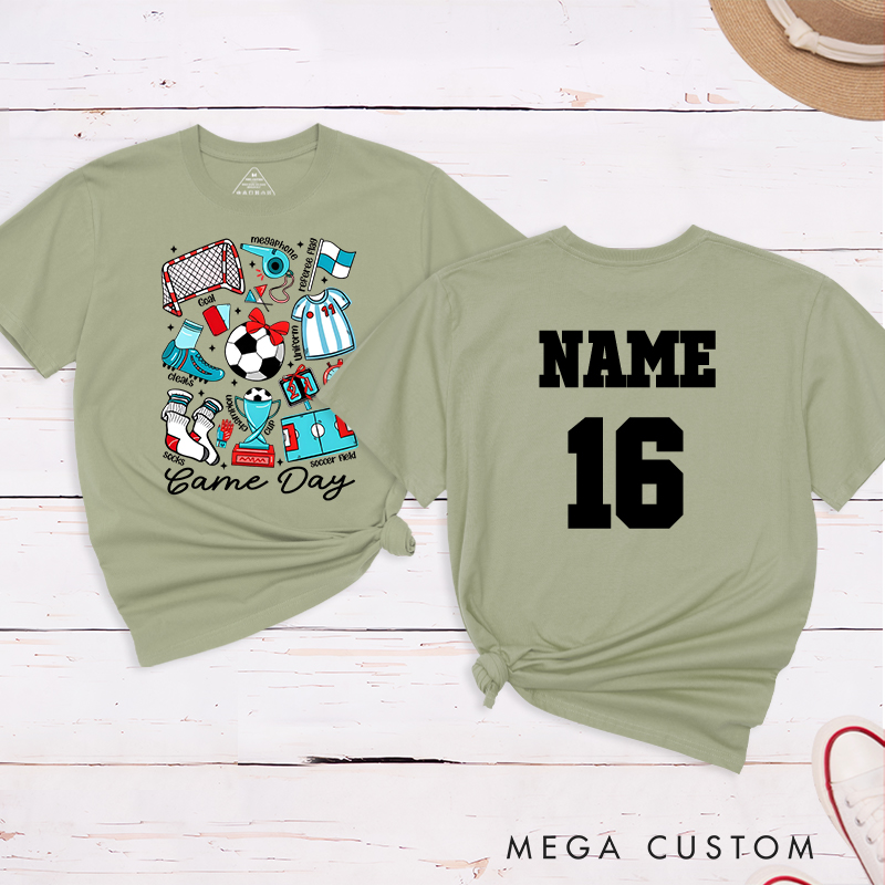 Personalized Game Day Soccer T-Shirt with Fun Illustrated Graphics and Custom Name and Number