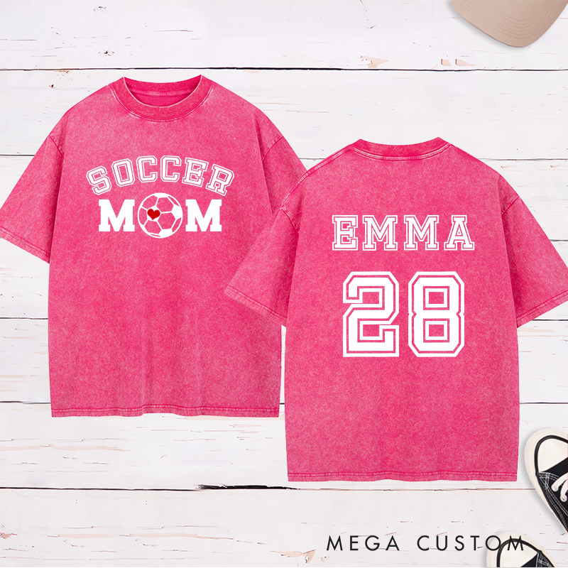 Personalized Washed Soccer Mom T-Shirt with Custom Name, Number, and Bold Graphic Design