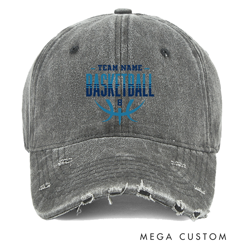 Personalized Distressed Denim Basketball Cap with Custom Team Name and Number Design