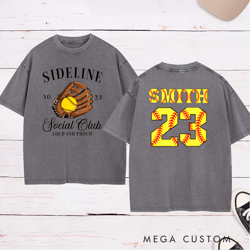 Personalized Softball Sideline Social Club Washed T-Shirt with Custom Name and Number Perfect Gift for Proud Fans Supporters and Players