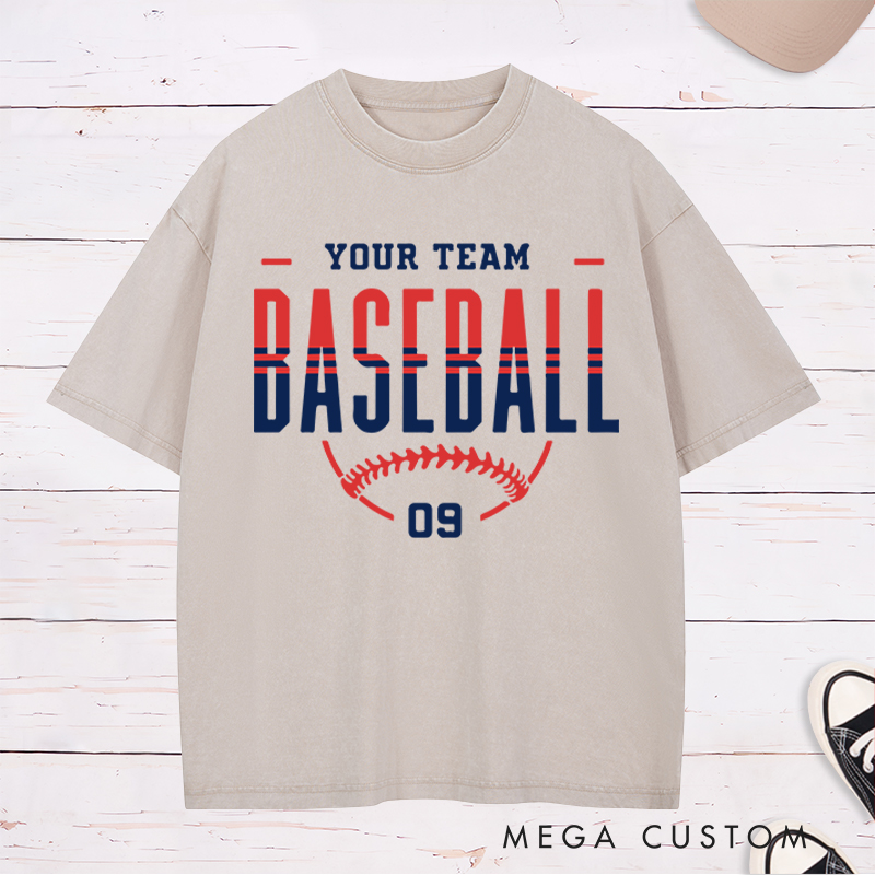 Personalized Game Day Washed T-Shirt with Team Name Number and Stylish Baseball Graphic