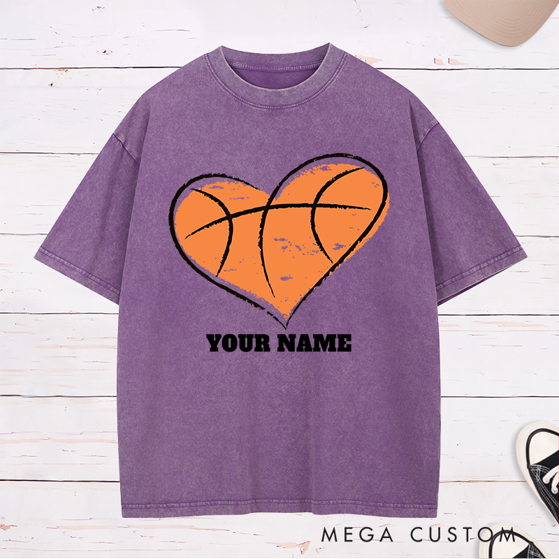 Personalized Washed T-Shirt Design Featuring a Heart-Shaped Basketball Graphic with Customizable Name for a Unique and Stylish Look