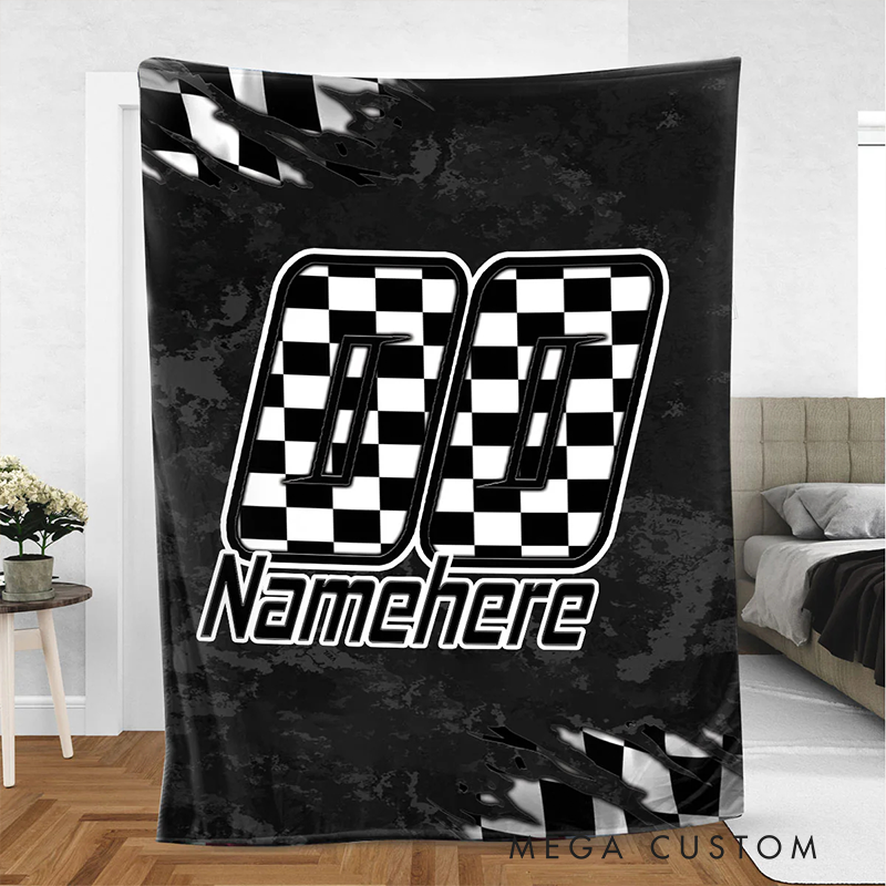 Personalized Checkered Blanket Custom Name and Number Throw Blanket Gift for Racers and Racing Lovers