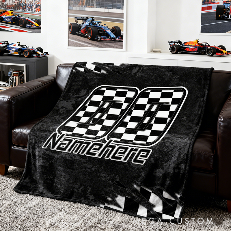 Personalized Checkered Blanket Custom Name and Number Throw Blanket Gift for Racers and Racing Lovers