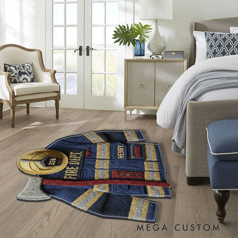 Personalized Firefighter Rug Custom Name Fire Dept Gear Shaped Rugs Proud Firefighter Non Slip Tufted Mat Gift for Home or Office