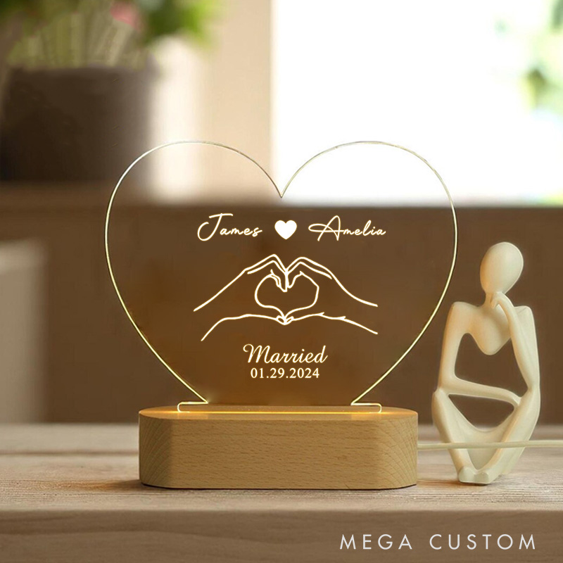 Personalized Heart Hand Gesture Married Couple Heart Shape Night Light