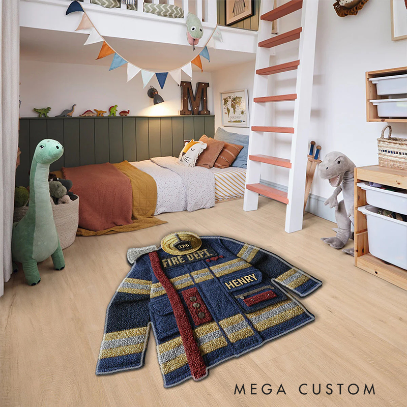 Personalized Firefighter Rug Custom Name Fire Dept Gear Shaped Rugs Proud Firefighter Non Slip Tufted Mat Gift for Home or Office