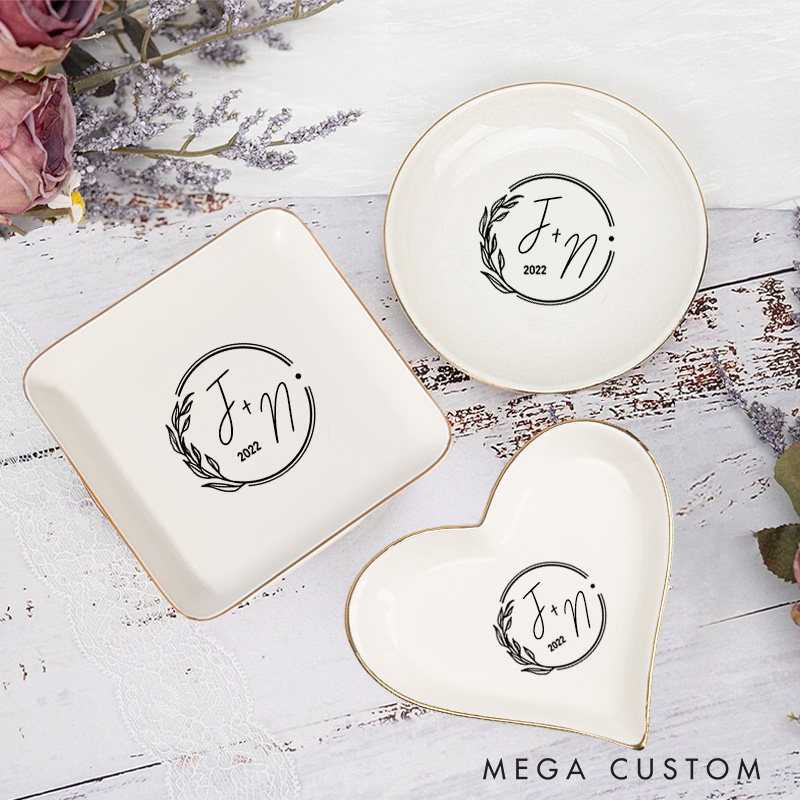 Personalized Modern Circular Initials Wedding Monogram with Botanical Accent Wedding Engagement Gold-Trimmed Ring Dishes