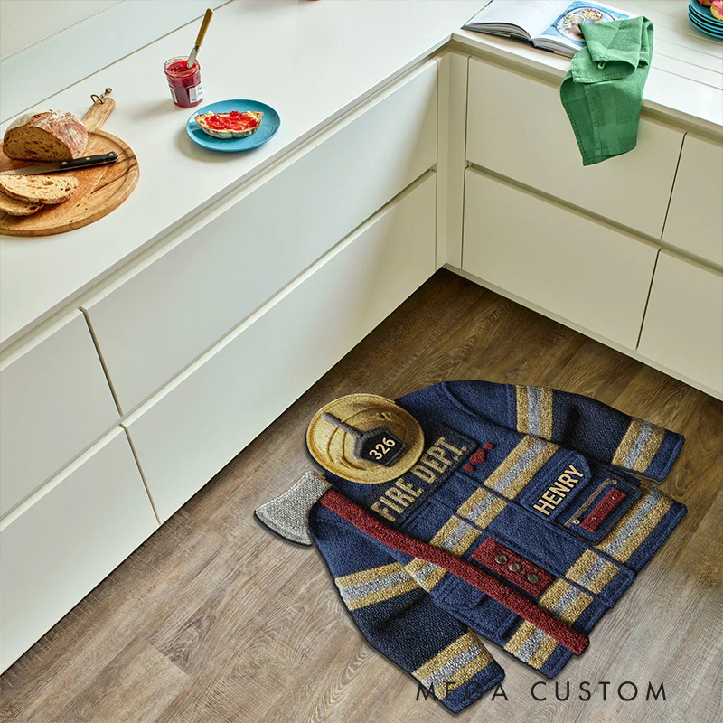 Personalized Firefighter Rug Custom Name Fire Dept Gear Shaped Rugs Proud Firefighter Non Slip Tufted Mat Gift for Home or Office