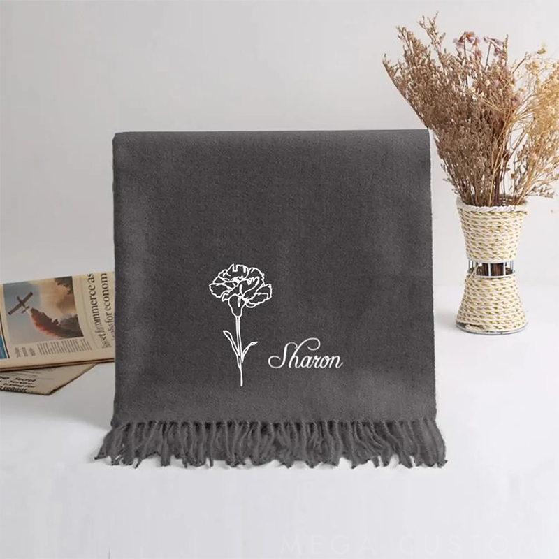 Personalized Super Soft Warm Scarf with Embroidered Birth Flower and Text Fashion Accessory Birthday Christmas Gift for Couple Family